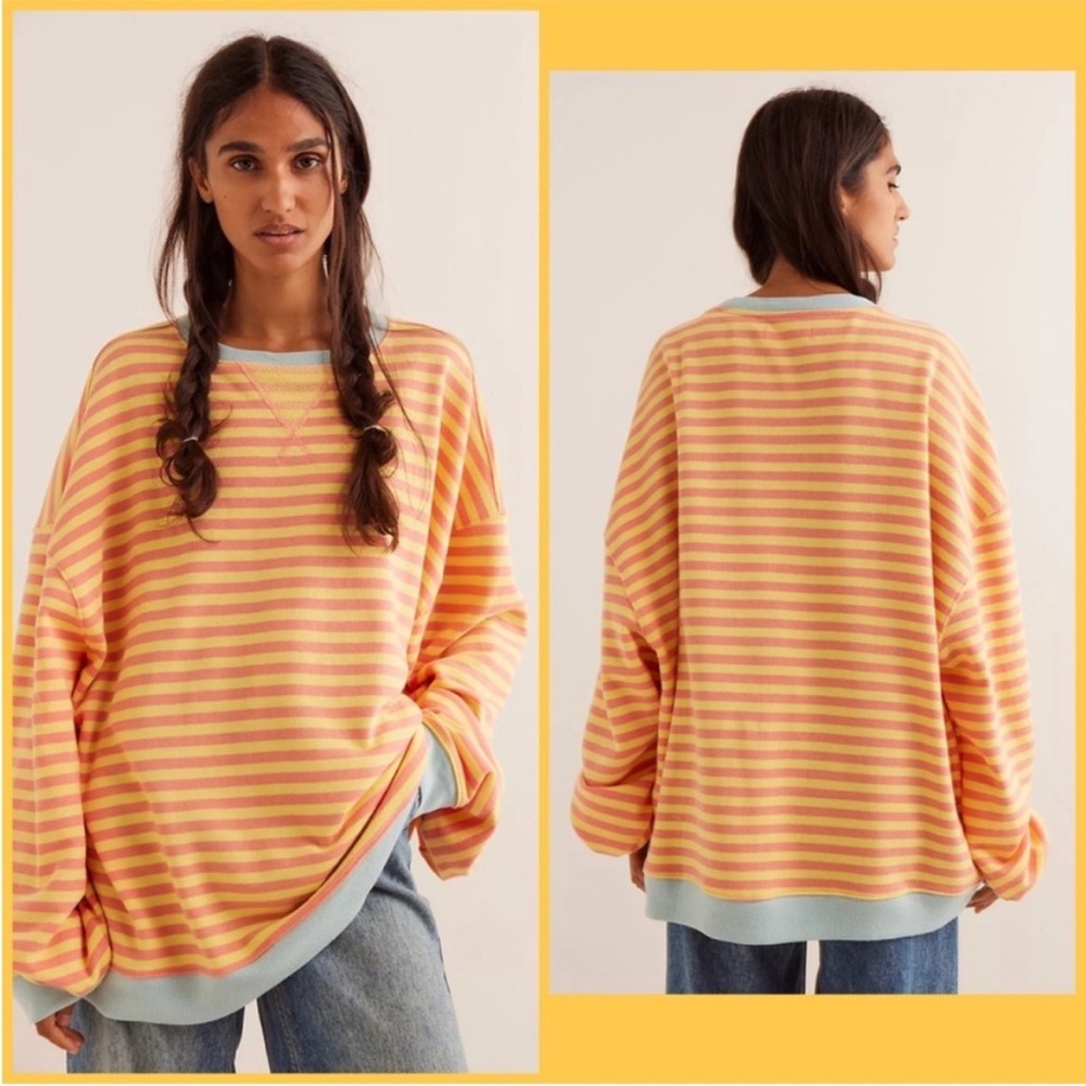 NWOT Free People Classic Striped Oversized Crewneck In Tangerine Combo Small